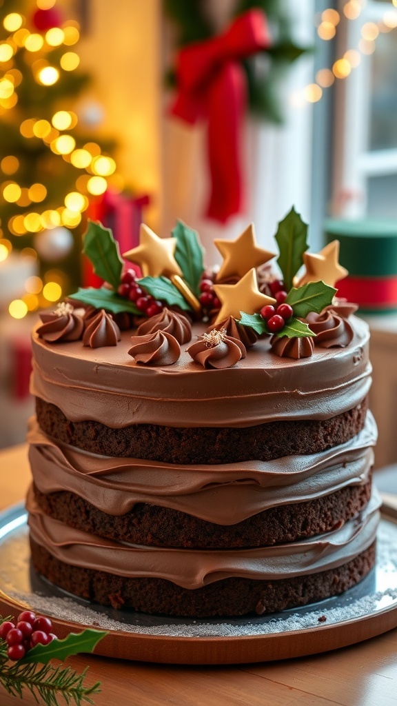 A rich chocolate Christmas cake with festive decorations, set in a holiday-themed environment.